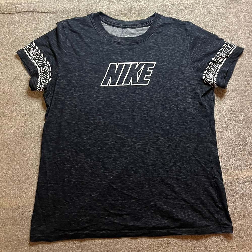 Nike Dri-FIT Womens Training T-Shirt Black Heather Logo Graphic L Athleisure